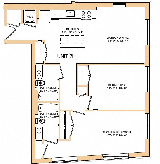 Floor plan for 2 beds, 2 baths, 1001 sqft